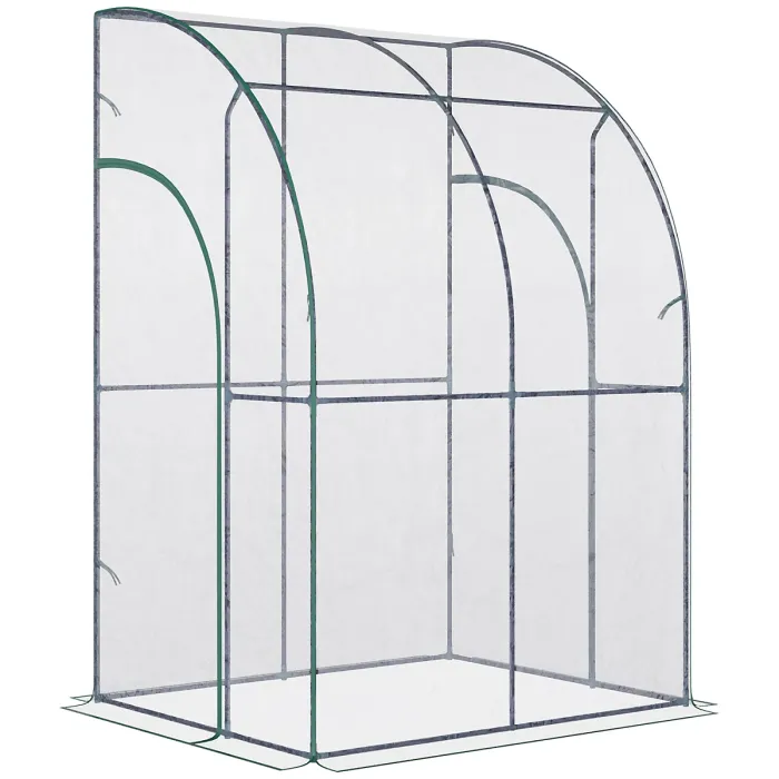 Chilli Outdoor Walk-In Lean to Wall Tunnel Greenhouse w/ Zippered Roll Up Door PVC Cover, Clear, Green 143cm x 118cm x 212cm