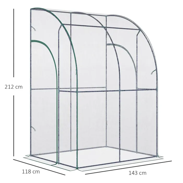 Chilli Outdoor Walk-In Lean to Wall Tunnel Greenhouse w/ Zippered Roll Up Door PVC Cover, Clear, Green 143cm x 118cm x 212cm