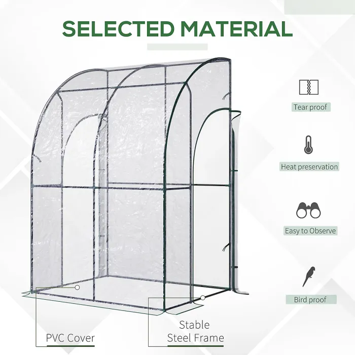 Chilli Outdoor Walk-In Lean to Wall Tunnel Greenhouse w/ Zippered Roll Up Door PVC Cover, Clear, Green 143cm x 118cm x 212cm