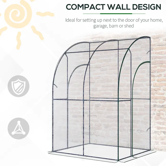 Chilli Outdoor Walk-In Lean to Wall Tunnel Greenhouse w/ Zippered Roll Up Door PVC Cover, Clear, Green 143cm x 118cm x 212cm
