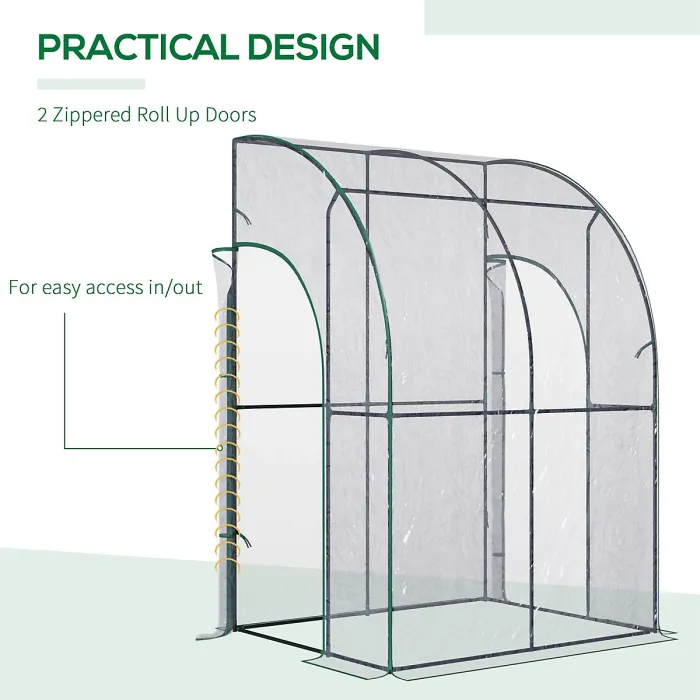 Chilli Outdoor Walk-In Lean to Wall Tunnel Greenhouse w/ Zippered Roll Up Door PVC Cover, Clear, Green 143cm x 118cm x 212cm