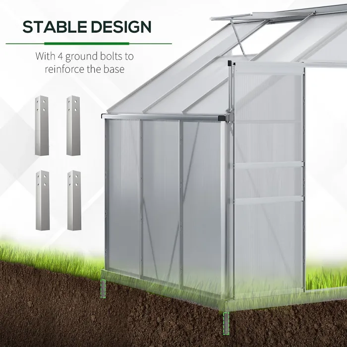 Chilli 6 x 4ft Lean to Wall Polycarbonate Greenhouse Aluminium Walk-in Garden Greenhouse with Adjustable Roof Vent