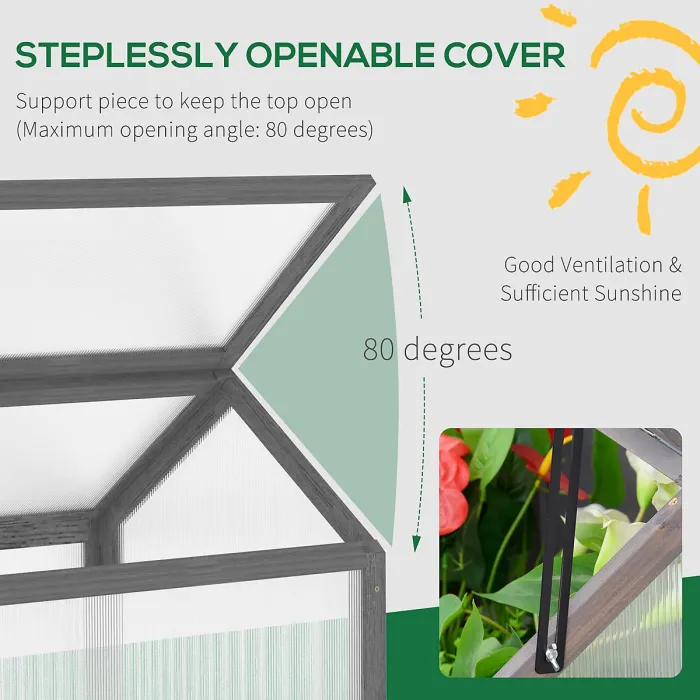 Chilli Wooden Cold Frame Garden Polycarbonate Greenhouse with Openable Top Cover, Grow House for Flowers, Vegetables, Plants