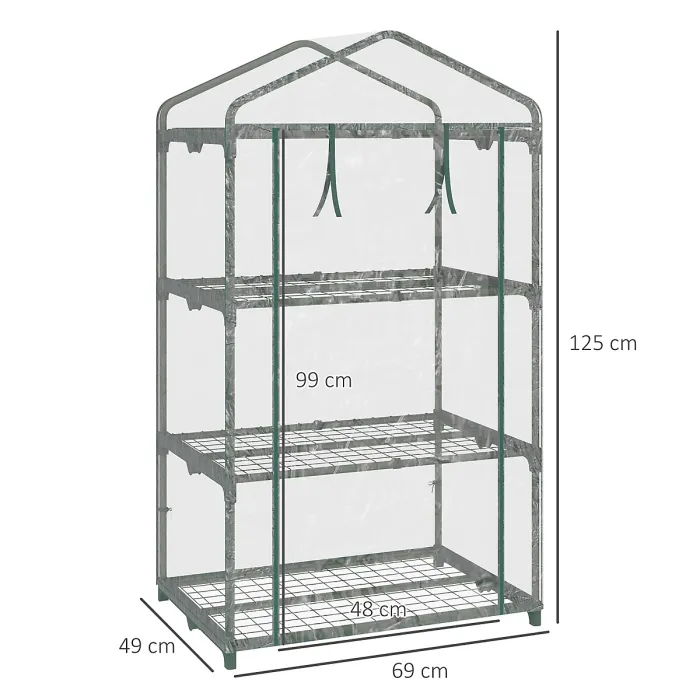 Chilli 3 Tier Mini Greenhouse Portable Garden Grow House with Roll Up Door and Wire Shelves, 69L x 49W x 125H cm, Clear
