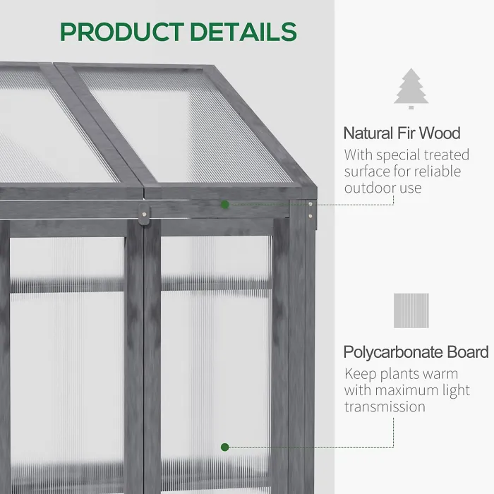 Chilli Wooden Cold Frame Polycarbonate Greenhouse with Openable Top Cover and Double Door, Grow House for Flower