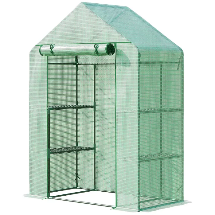 Chilli Walk In Greenhouse with Shelves, Portable Gardening Plant Grow House for Outdoor with 2 Tier Shelf, Roll-Up Zippered Door
