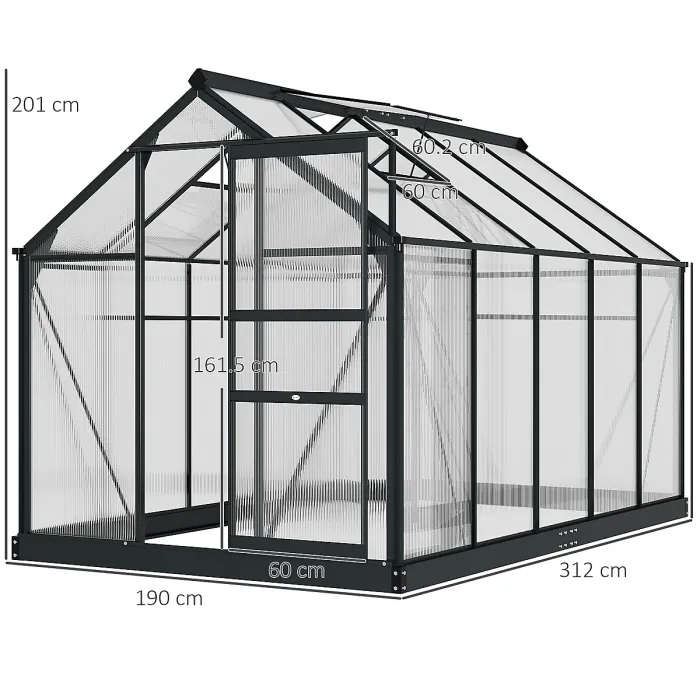 Chilli 6 x 10ft Polycarbonate Greenhouse, Large Walk-In Green House with Slide Door and Window, Garden Plants Grow House