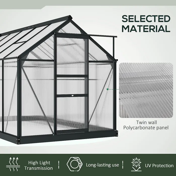 Chilli 6 x 10ft Polycarbonate Greenhouse, Large Walk-In Green House with Slide Door and Window, Garden Plants Grow House
