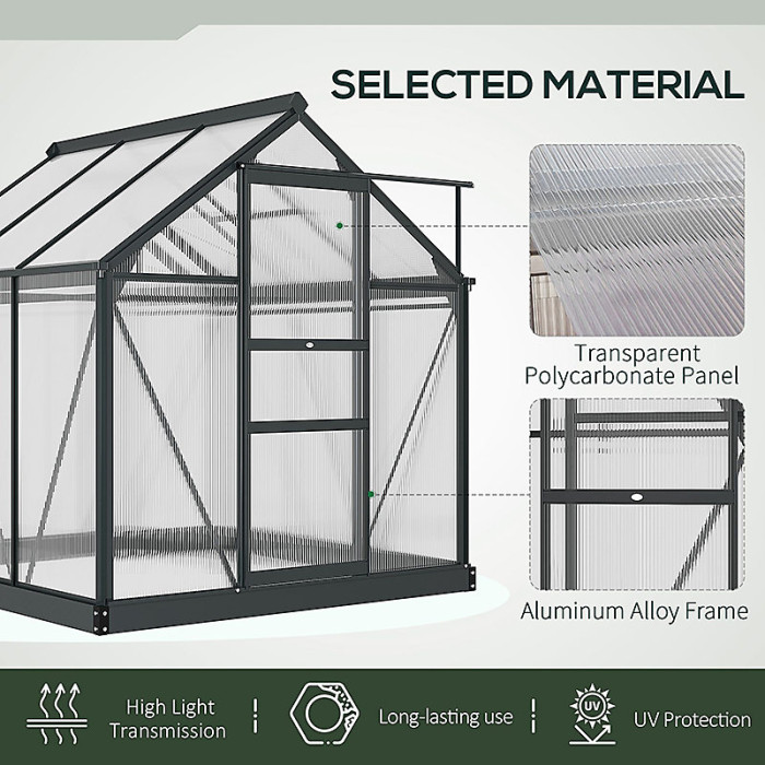 Chilli 6 x 6ft Polycarbonate Greenhouse, Large Walk-In Green House with Slide Door and Window, Garden Plants Grow House