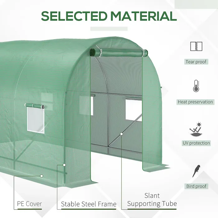 Chilli 3.5 x 2m Walk-In Polytunnel Greenhouse, with Steel Frame, PE Cover, Roll-Up Door and 6 Windows, Green
