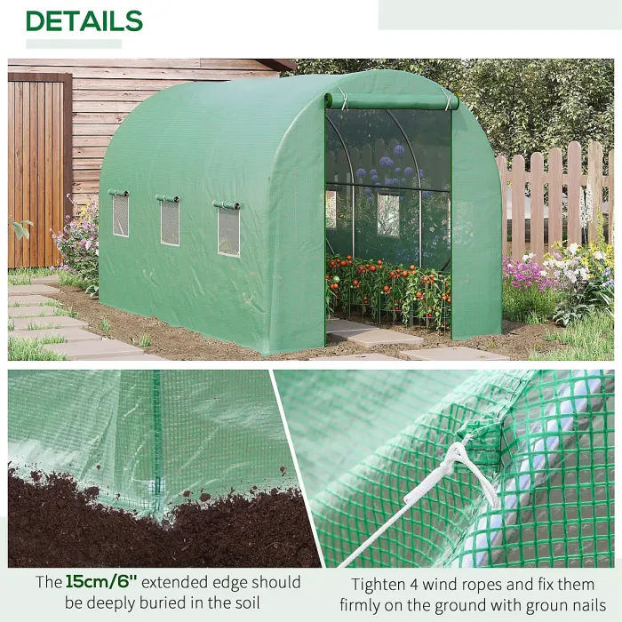 Chilli 3.5 x 2m Walk-In Polytunnel Greenhouse, with Steel Frame, PE Cover, Roll-Up Door and 6 Windows, Green