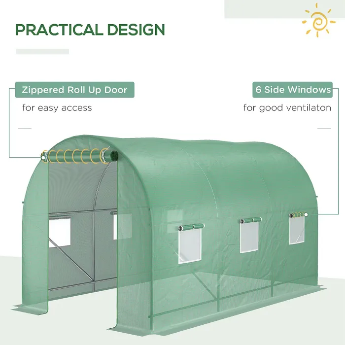 Chilli 3.5 x 2m Walk-In Polytunnel Greenhouse, with Steel Frame, PE Cover, Roll-Up Door and 6 Windows, Green