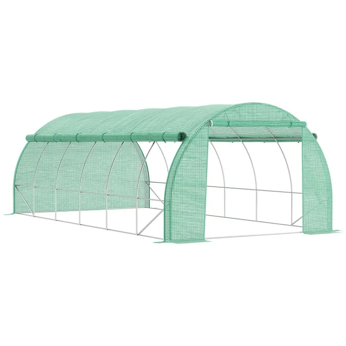 Chilli Polytunnel Greenhouse Walk-in Grow House Tent with Roll-up Sidewalls, Zipped Door and 12 Windows, 6x3x2m Green