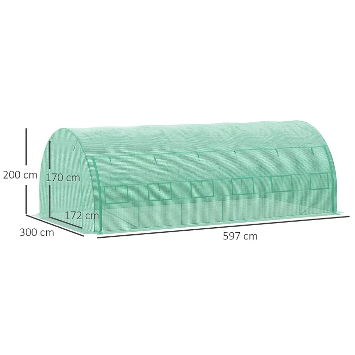 Chilli Polytunnel Greenhouse Walk-in Grow House Tent with Roll-up Sidewalls, Zipped Door and 12 Windows, 6x3x2m Green