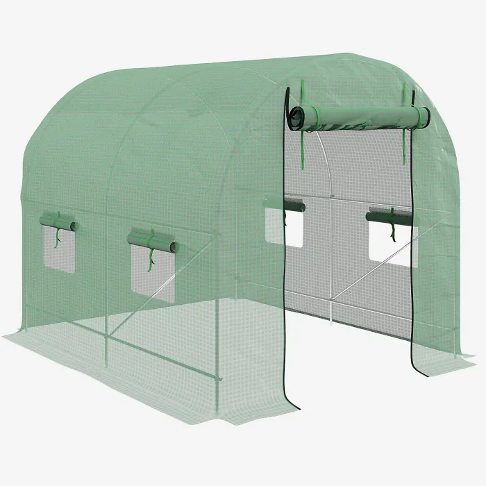 Chilli Walk-In Garden Polytunnel Greenhouse with Steel Frame, PE Cover, Roll-Up Door and 4 Windows, 2.5 x 2m, Green