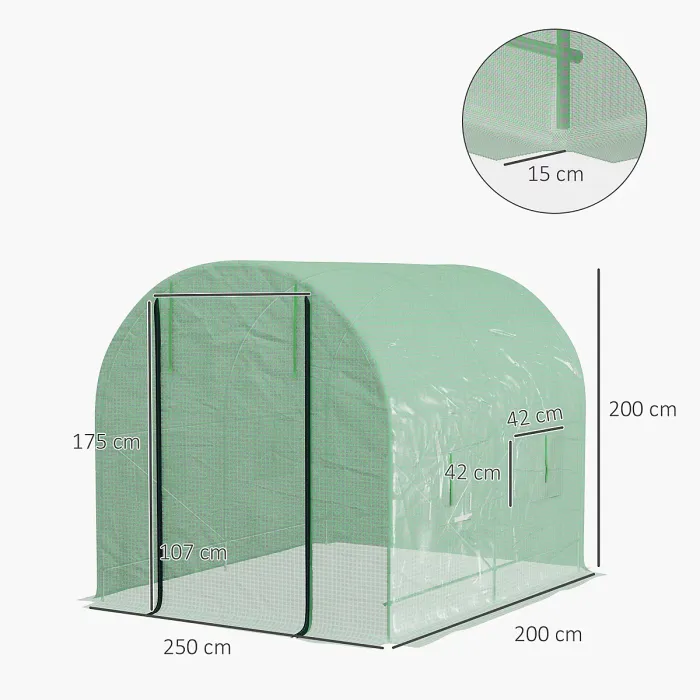 Chilli Walk-In Garden Polytunnel Greenhouse with Steel Frame, PE Cover, Roll-Up Door and 4 Windows, 2.5 x 2m, Green