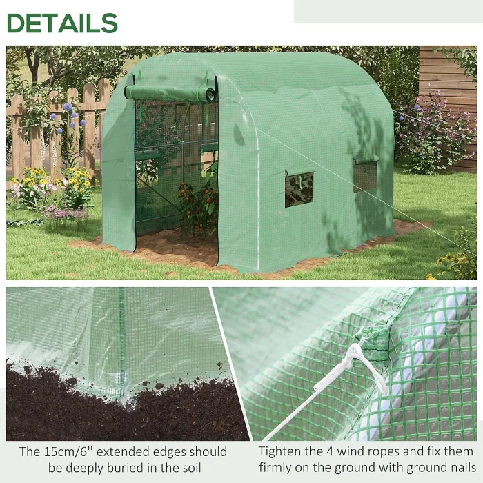 Chilli Walk-In Garden Polytunnel Greenhouse with Steel Frame, PE Cover, Roll-Up Door and 4 Windows, 2.5 x 2m, Green