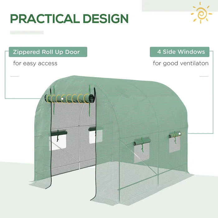 Chilli Walk-In Garden Polytunnel Greenhouse with Steel Frame, PE Cover, Roll-Up Door and 4 Windows, 2.5 x 2m, Green