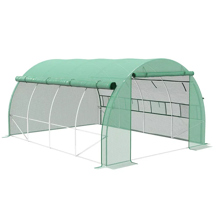 Chilli Polytunnel Greenhouse Walk-in Grow House Tent with Roll-up Sidewalls, Zipped Door and 8 Windows, 4x3x2m Green
