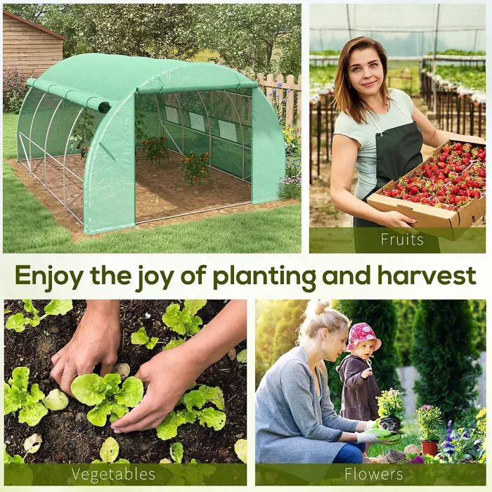 Chilli Polytunnel Greenhouse Walk-in Grow House Tent with Roll-up Sidewalls, Zipped Door and 8 Windows, 4x3x2m Green