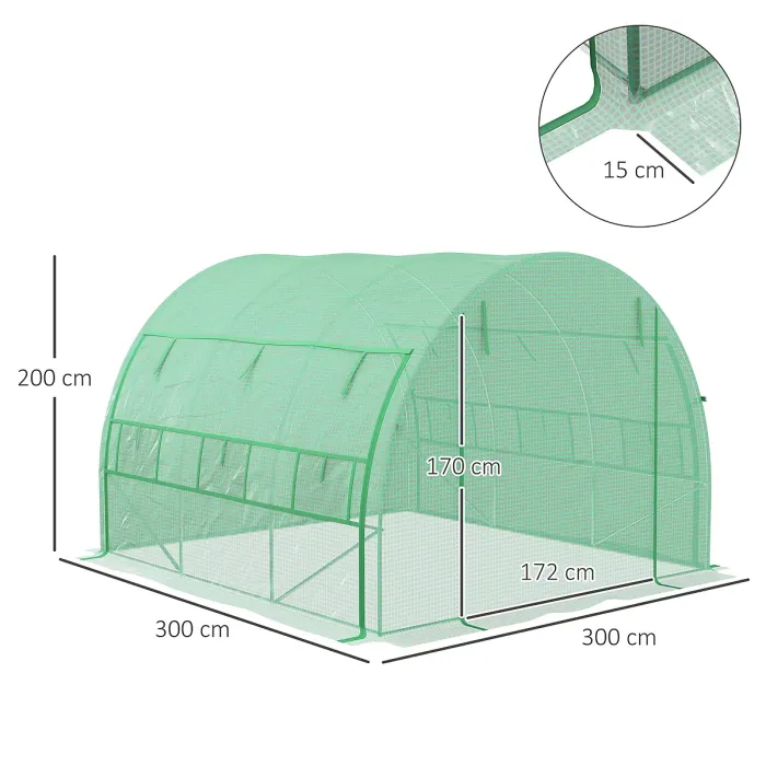Chilli Polytunnel Greenhouse Walk-in Grow House Tent with Roll-up Sidewalls, Zipped Door and 6 Windows, 3x3x2m Green