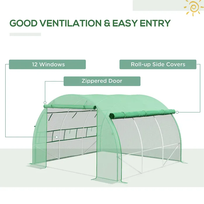 Chilli Polytunnel Greenhouse Walk-in Grow House Tent with Roll-up Sidewalls, Zipped Door and 6 Windows, 3x3x2m Green