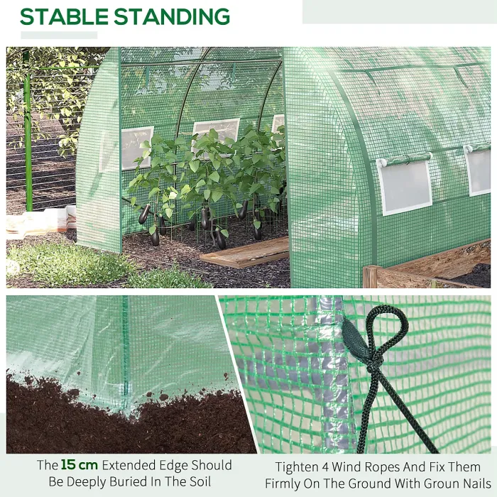 Chilli Polytunnel Greenhouse Walk-in Grow House Tent with Roll-up Sidewalls, Zipped Door and 6 Windows, 3x3x2m Green
