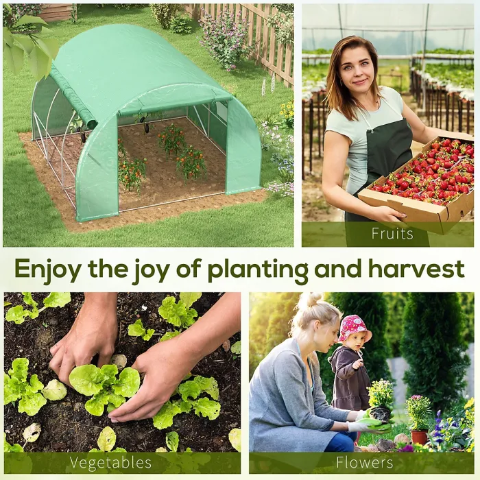 Chilli Polytunnel Greenhouse Walk-in Grow House Tent with Roll-up Sidewalls, Zipped Door and 6 Windows, 3x3x2m Green