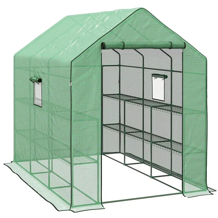 Chilli Walk-in Greenhouse with 3 Tier 12 Shelves, Small Greenhouse with Reinforced PE Cover, Garden Growhouse with Roll-up Door