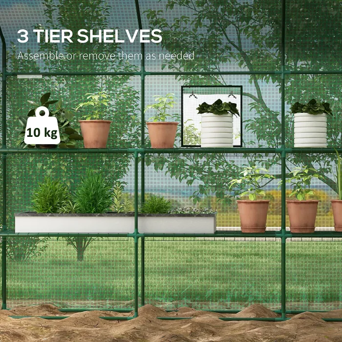 Chilli Walk-in Greenhouse with 3 Tier 12 Shelves, Small Greenhouse with Reinforced PE Cover, Garden Growhouse with Roll-up Door