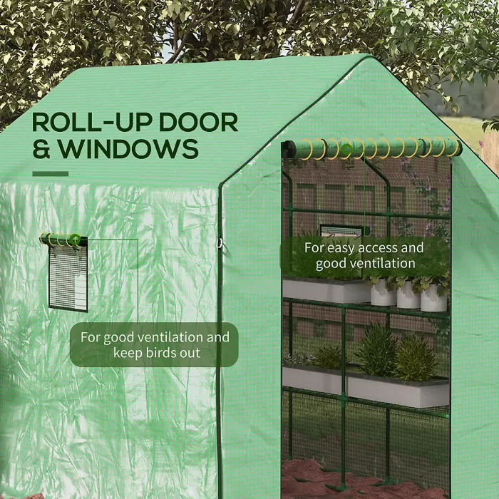 Chilli Walk-in Greenhouse with 3 Tier 12 Shelves, Small Greenhouse with Reinforced PE Cover, Garden Growhouse with Roll-up Door
