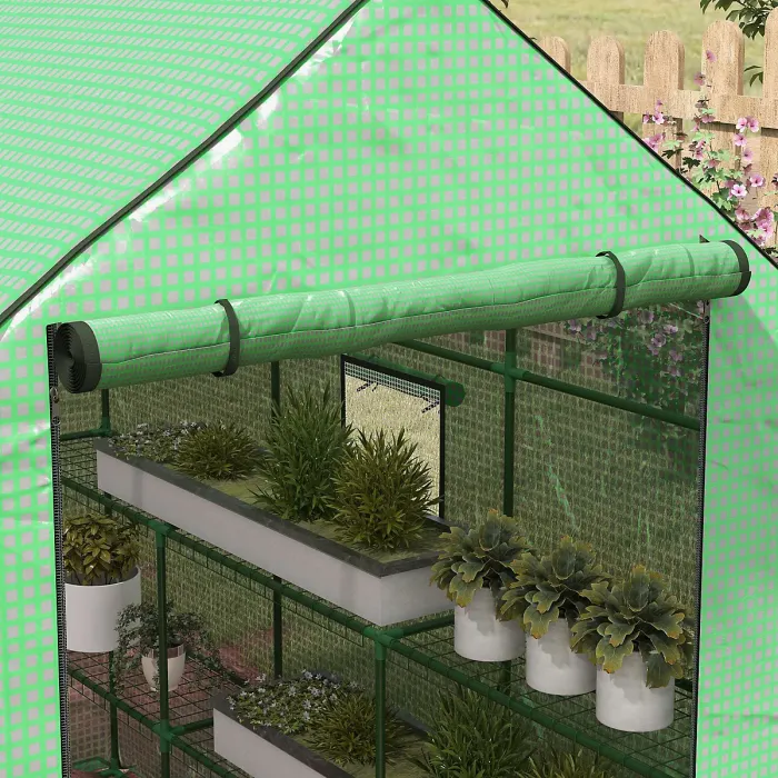 Chilli Walk-in Greenhouse with 3 Tier 12 Shelves, Small Greenhouse with Reinforced PE Cover, Garden Growhouse with Roll-up Door