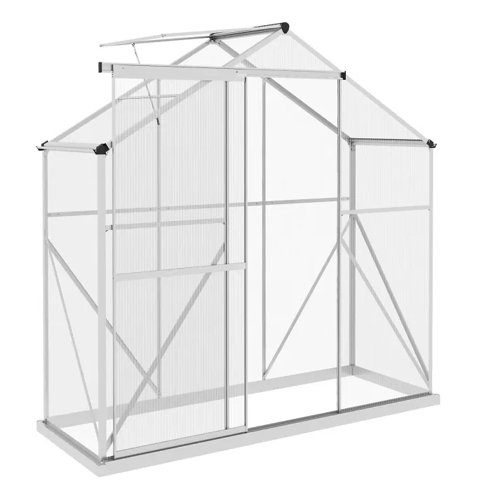 Chilli 6 x 2.5ft Polycarbonate Greenhouse Walk-In Green House with Rain Gutter, Sliding Door, Window, Foundation, Silver