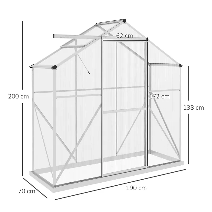 Chilli 6 x 2.5ft Polycarbonate Greenhouse Walk-In Green House with Rain Gutter, Sliding Door, Window, Foundation, Silver