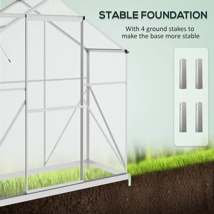 Chilli 6 x 2.5ft Polycarbonate Greenhouse Walk-In Green House with Rain Gutter, Sliding Door, Window, Foundation, Silver