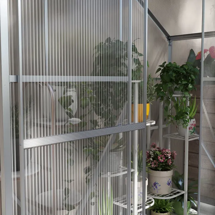 Chilli 6 x 2.5ft Polycarbonate Greenhouse Walk-In Green House with Rain Gutter, Sliding Door, Window, Foundation, Silver