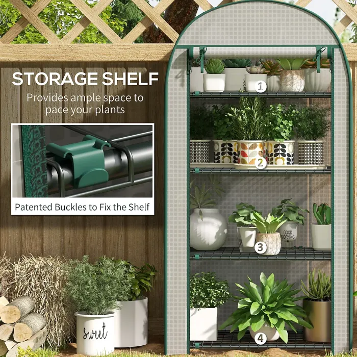 Chilli 4 Tier Mini Greenhouse for Outdoor, Portable Gardening Plant Green House with Storage Shelf, Roll-Up Zipped Door