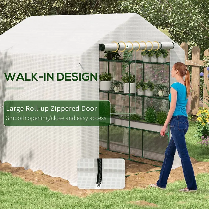 Chilli 8 x 6ft Walk-In Greenhouse, with Shelves - White