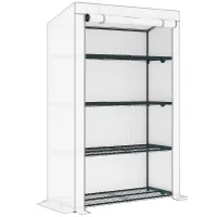 Chilli 4 Tier Lean-to Mini Greenhouse with Reinforced PE Cover, Portable Small Greenhouse with Roll-Up Door, Grey Hemmed Edging