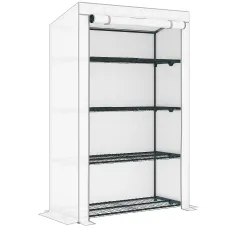 Chilli 4 Tier Lean-to Mini Greenhouse with Reinforced PE Cover, Portable Small Greenhouse with Roll-Up Door, Grey Hemmed Edging