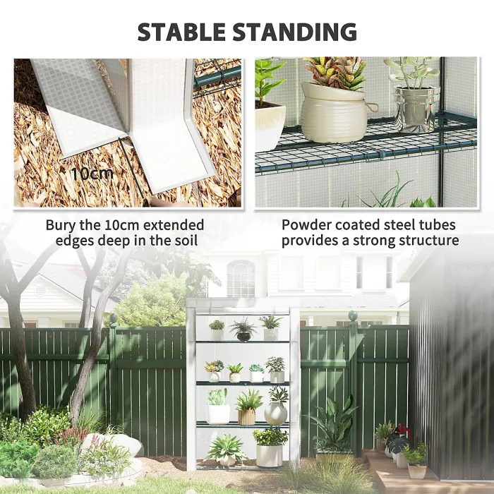 Chilli 4 Tier Lean-to Mini Greenhouse with Reinforced PE Cover, Portable Small Greenhouse with Roll-Up Door, Grey Hemmed Edging