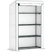 Chilli 4 Tier Lean-to Mini Greenhouse with Reinforced PE Cover, Portable Small Greenhouse with Roll-Up Door, Green Hemmed Edging