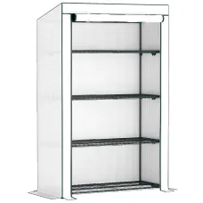 Chilli 4 Tier Lean-to Mini Greenhouse with Reinforced PE Cover, Portable Small Greenhouse with Roll-Up Door, Green Hemmed Edging