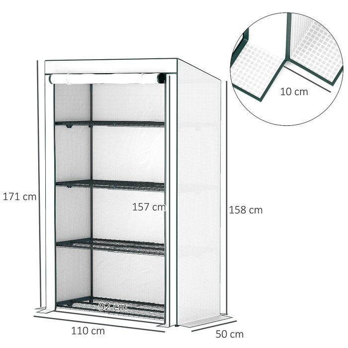 Chilli 4 Tier Lean-to Mini Greenhouse with Reinforced PE Cover, Portable Small Greenhouse with Roll-Up Door, Green Hemmed Edging