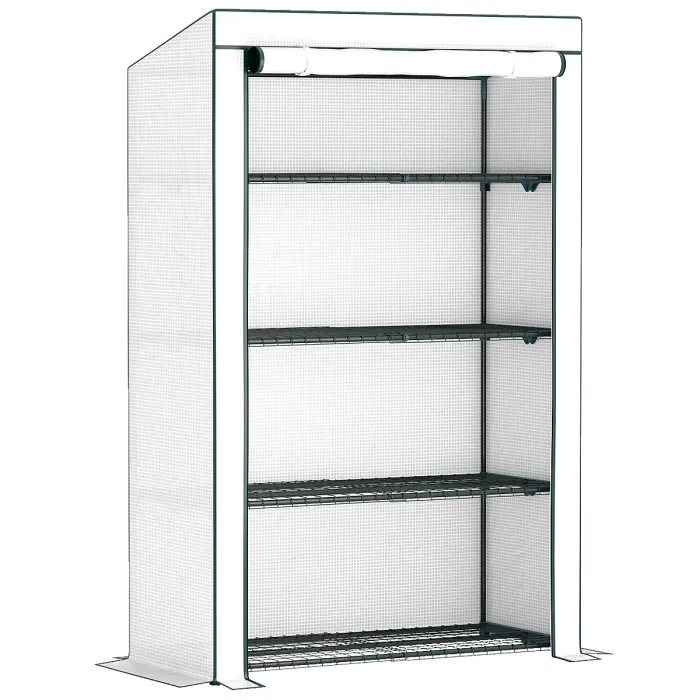 Chilli 4 Tier Lean-to Mini Greenhouse with Reinforced PE Cover, Portable Small Greenhouse with Roll-Up Door, Green Hemmed Edging