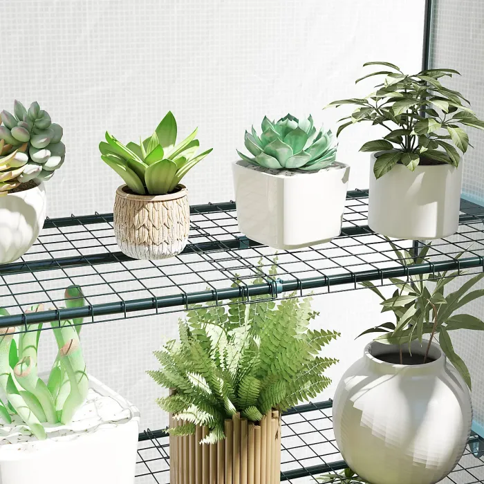 Chilli 4 Tier Lean-to Mini Greenhouse with Reinforced PE Cover, Portable Small Greenhouse with Roll-Up Door, Green Hemmed Edging