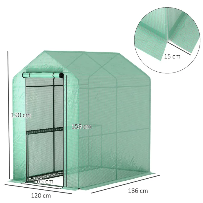Chilli 120 x 186cm Walk-In Greenhouse, with Shelves - Green