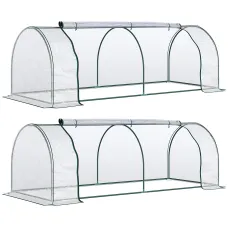 Chilli Set of 2 Tunnel Greenhouse, Green Grow House with Roll-up Door, Steel Frame, Plastic Cover for Garden, Outdoor