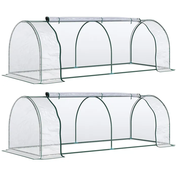 Chilli Set of 2 Tunnel Greenhouse, Green Grow House with Roll-up Door, Steel Frame, Plastic Cover for Garden, Outdoor