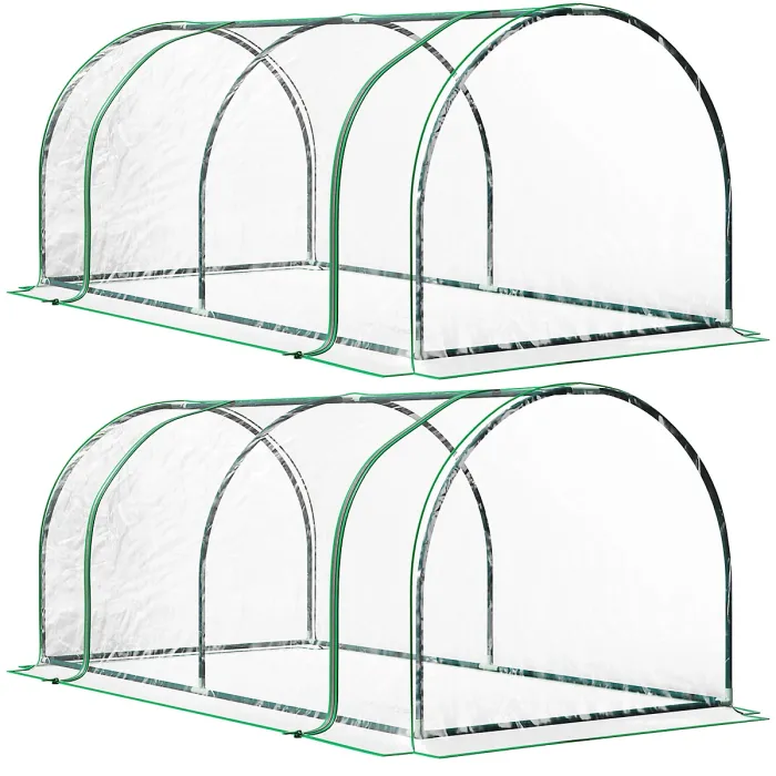 Chilli Set of 2 Tunnel Greenhouse, Green Grow House with Roll-up Door, Steel Frame, Plastic Cover for Garden, Outdoor